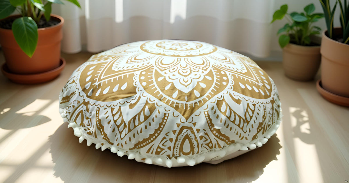 32 Inch Meditation Floor Pillows Cover Round Pillow Cover Seating Hippie Decorative Bohemian Mandala Cushion Cover Outdoor Yoga Living Room Throw Ottoman Poufs Cover (White Gold Flower)