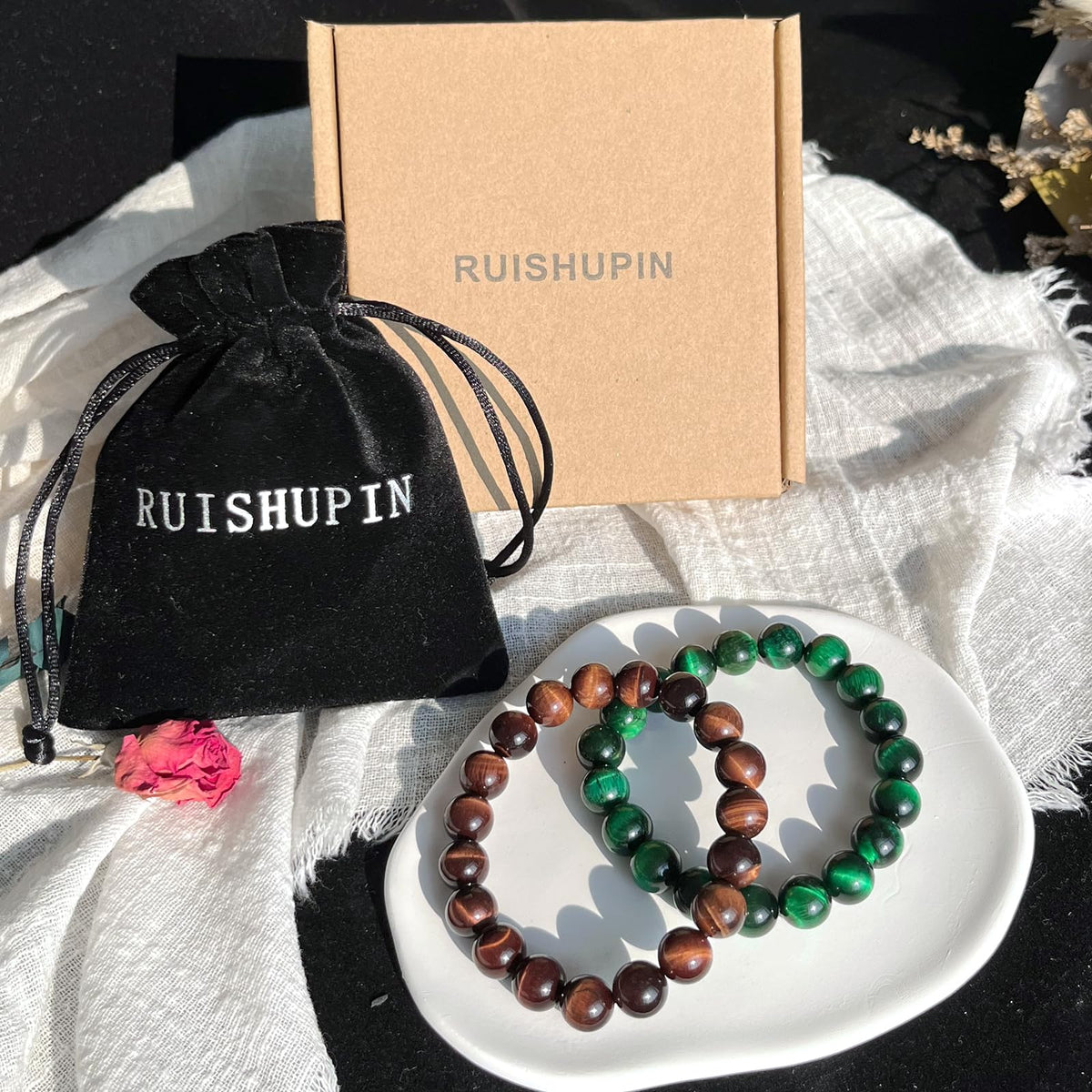 Natural obsidian bracelet (10mm Tiger Eye (Brown+Green )-2 Pcs)