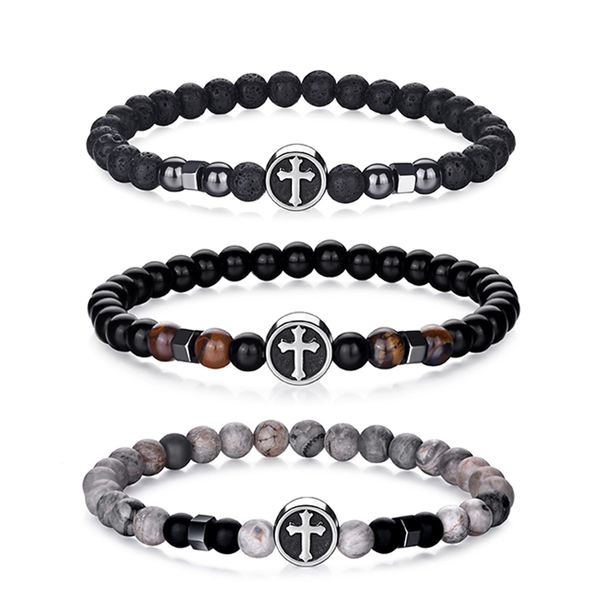 Cross Bracelet For Men 8MM Mens Beaded Bracelet Set Stretch Cross Beads For Bracelets Gifts (3,gray,black)
