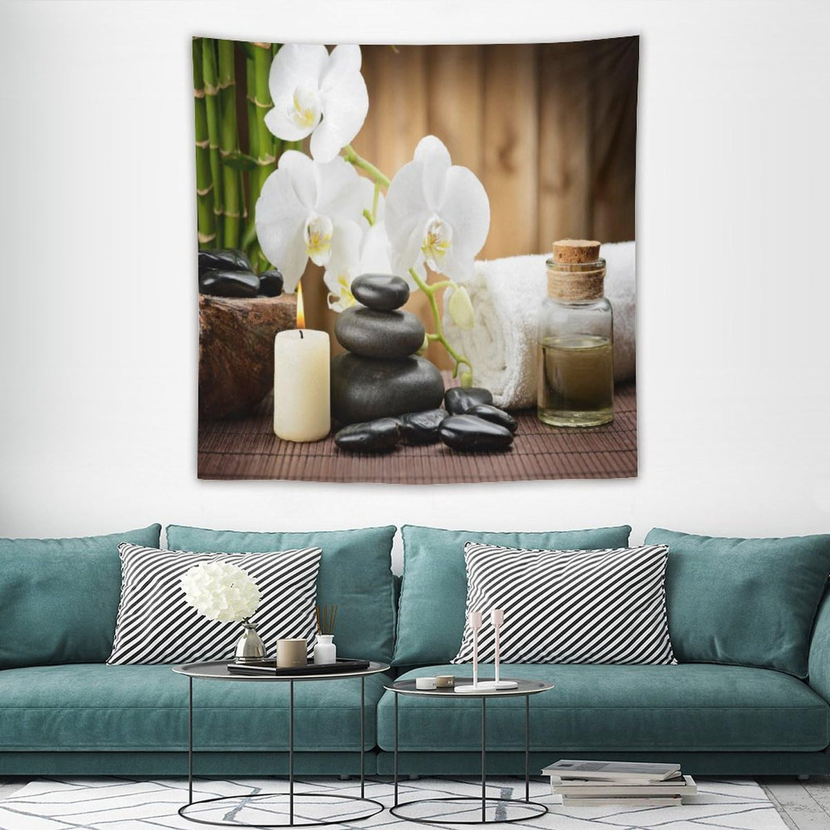 Spa Tapestry Wall Hanging Relaxing Style Stones Candle Flowers and Bamboo Art (60"L x 60"W / Zen-7)