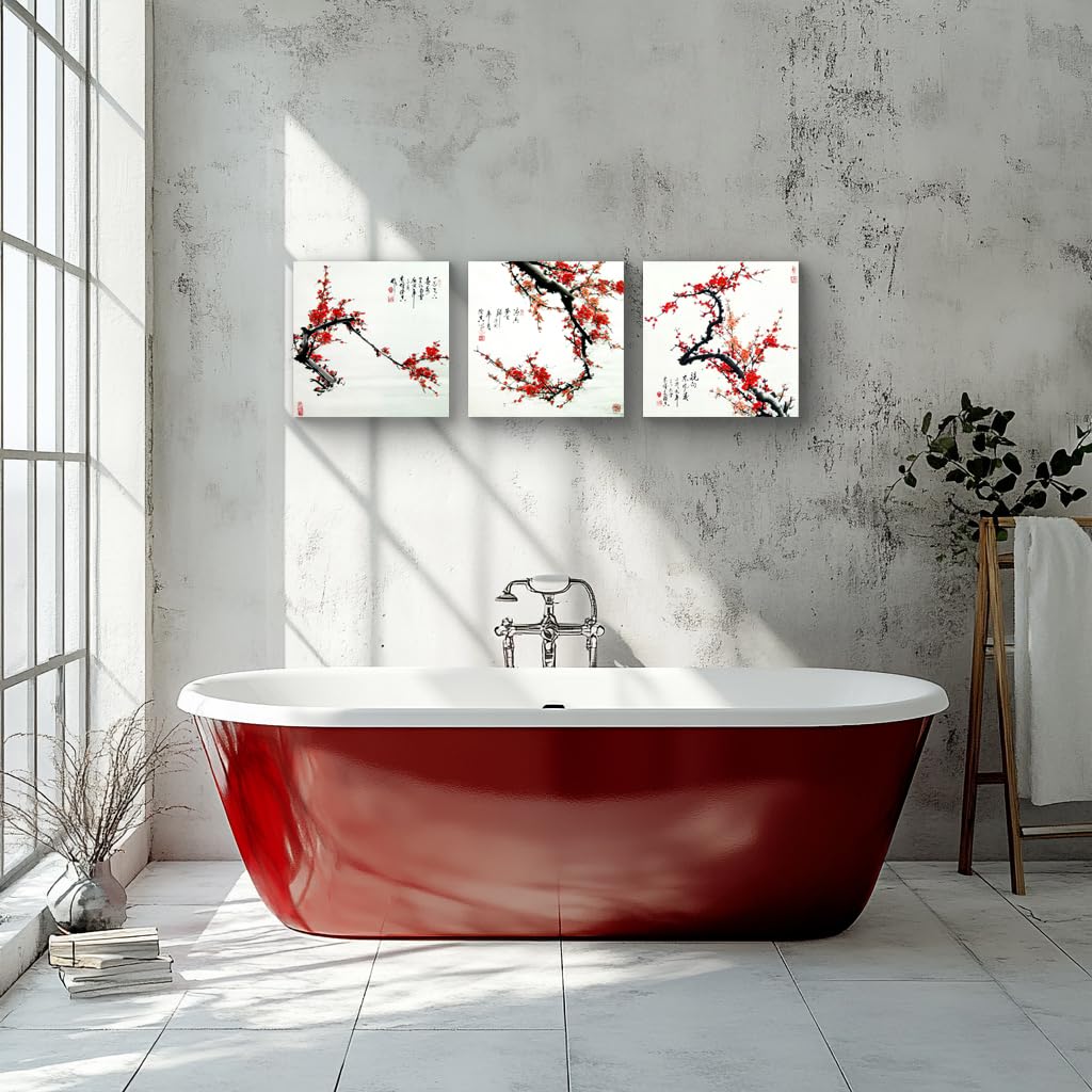 Small Size Traditional Chinese Painting of Plum Blossom Canvas Prints 3 Panels Cherry Blossom Chinese Art Wood Framed Red Plum Blossom Wall Art Plum Flowers Print Painting 40x40cm Each Panel (Red Plum / 16x16 inches (3 pieces))
