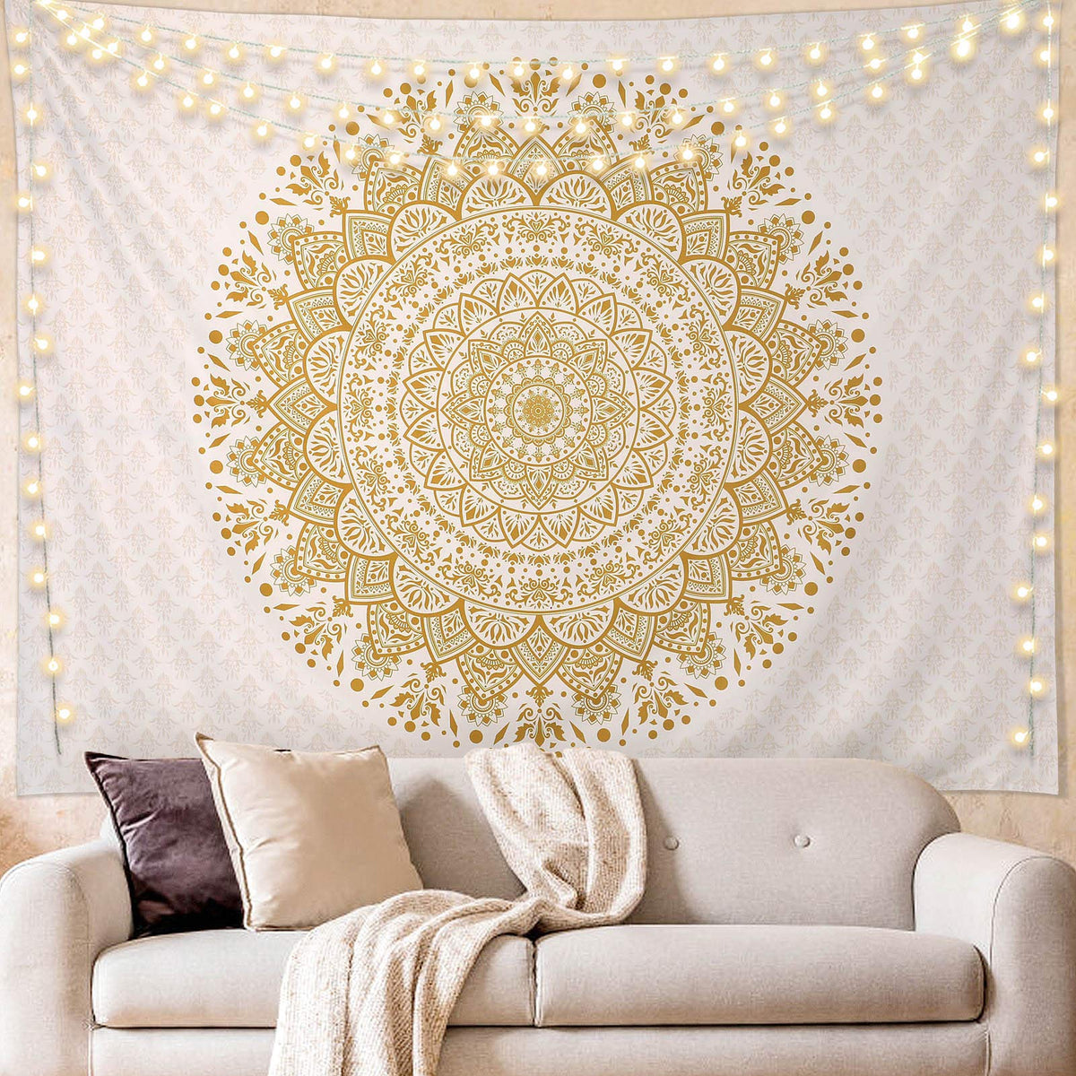 White and Gold Mandala Tapestry Wall Art for Living Room (91"L x 71"W / Mandala Tapestry-3)