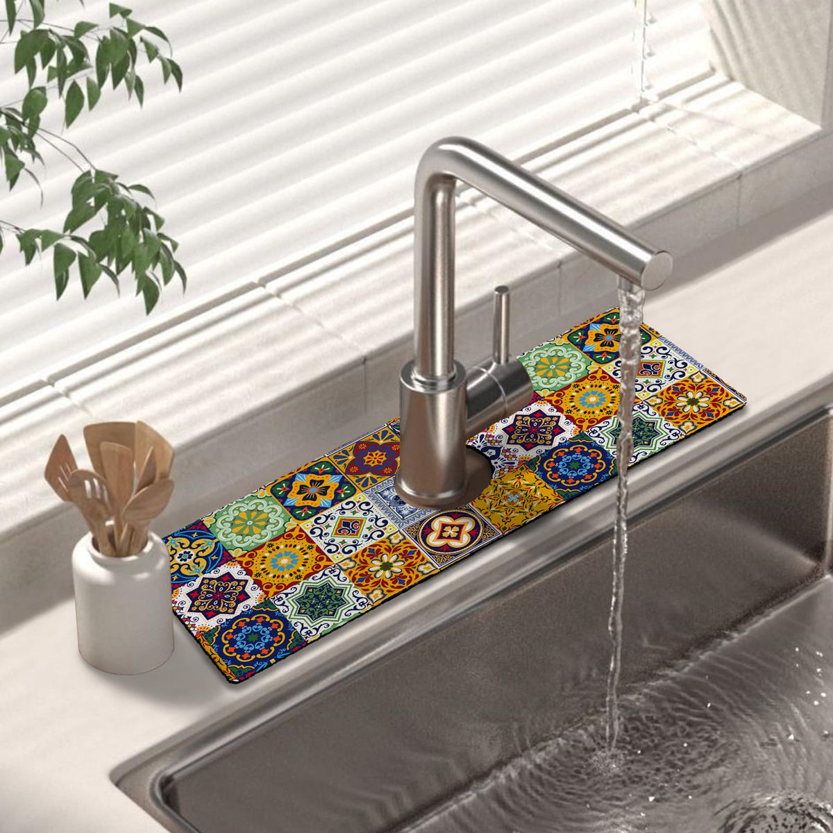 Kitchen Sink Splash Guard Faucet Mat 15" X 5.5" Talavera Mexican Tiles Absorbent Fast Drying Mat Faucet Draining Mat Sink Splash Guard Behind Faucet Drip Catcher for Kitchen Bathroom (15*5.5in / tile01)