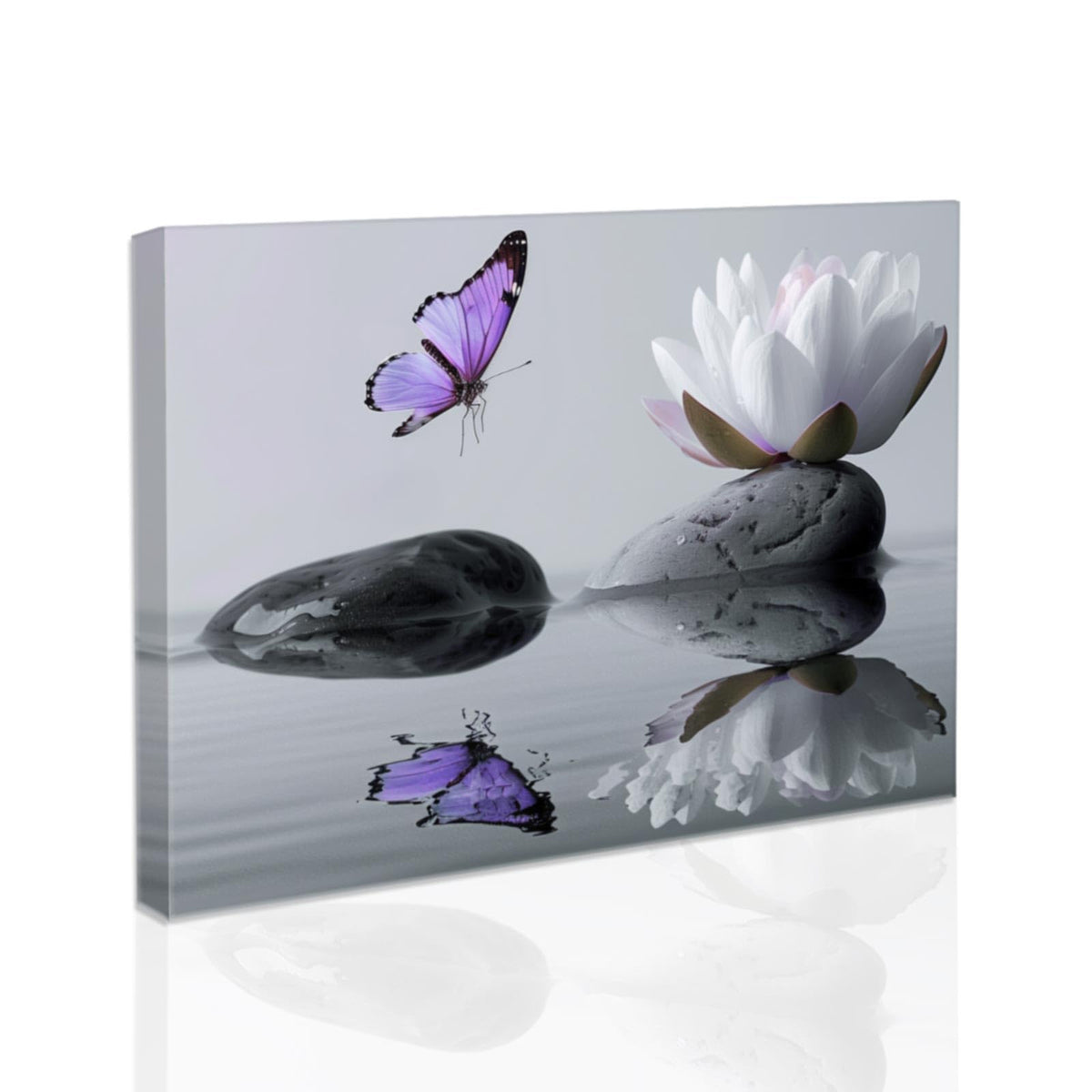 Zen Bathroom Wall Art Black and White Grey Spa Painting Lotus Flower Pictures Stone Floral Canvas Prints Meditation Yoga Room Office Decor Framed (Purple / 20L" x 30W")
