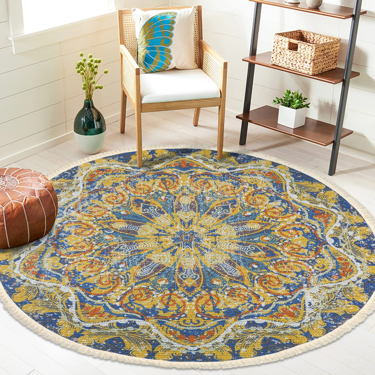 Boho 4Ft Round Washable Rug for Bedroom Farmhouse Hallway Entryway (Yellow / 4' (Round))