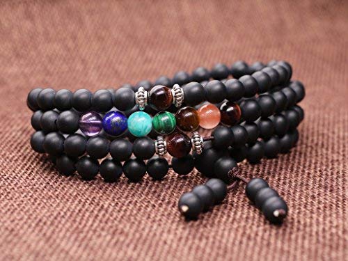 108 Japa Mala 7 Chakra Onyx Stone Wrap Bracelet Necklace (Matte Onyx)