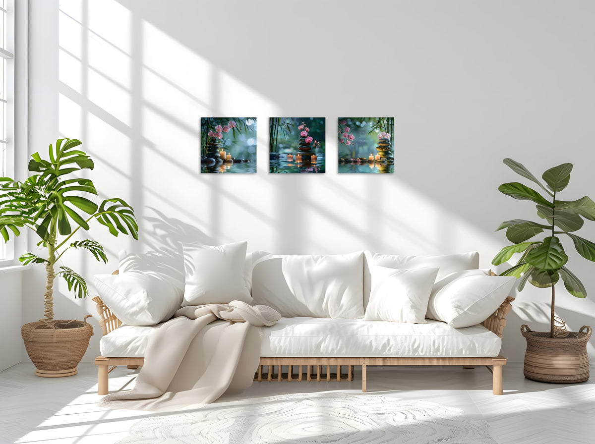 3 Panels Zen Canvas Wall Art Zen Art Green Bamboo Candle Orchid in Water Pictures Spa Artwork for Bathroom Spa Pictures for Home Decor Wall Decoration Ready to Hang Each Panel 20x20inch (20x20inchx3 / Pink Zen 4)