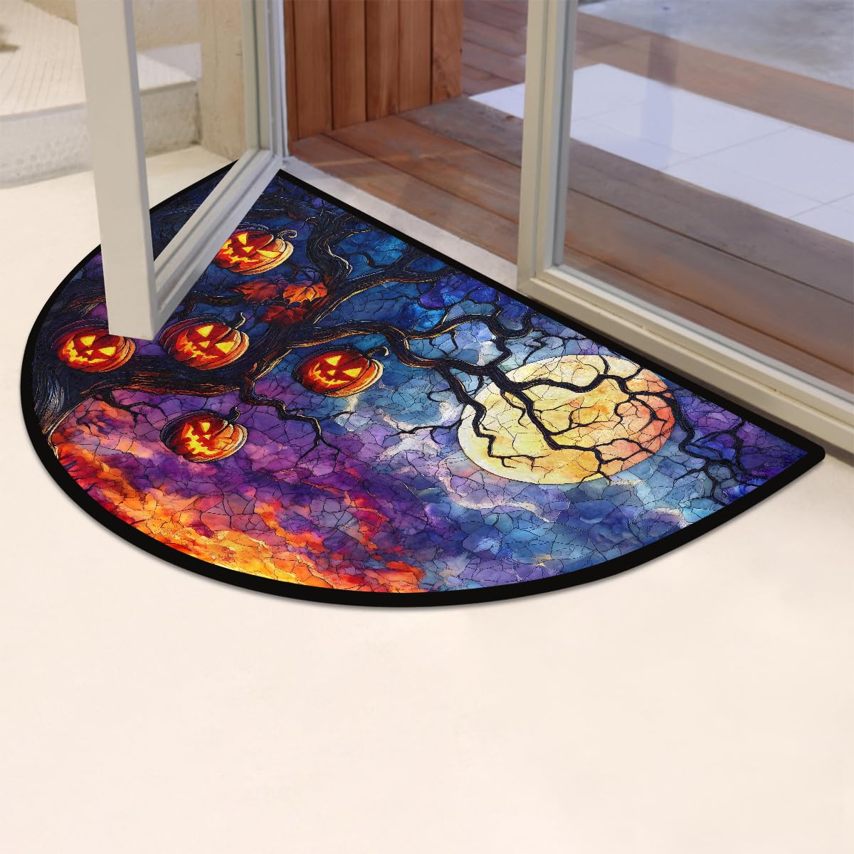 Moon Tree Half Round Door Mat Non Slip Washable Semi Circle Area Rug Absorbent Soft Half Moon Rug Floor Mat for Indoor Outdoor Kitchen Bathroom Patio Front Door Mat Decor (C2)