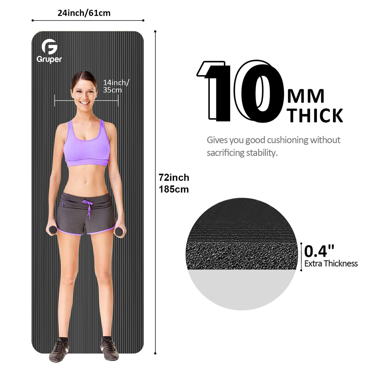 Thick Yoga Mat Non Slip (Black / 72 x 24 x 0.4 inches)