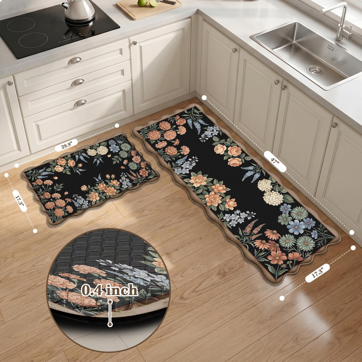Anti Fatigue Kitchen Mats Set of 2 (Vintage Floral / 17.3''x29.9''+17.3''x47'')