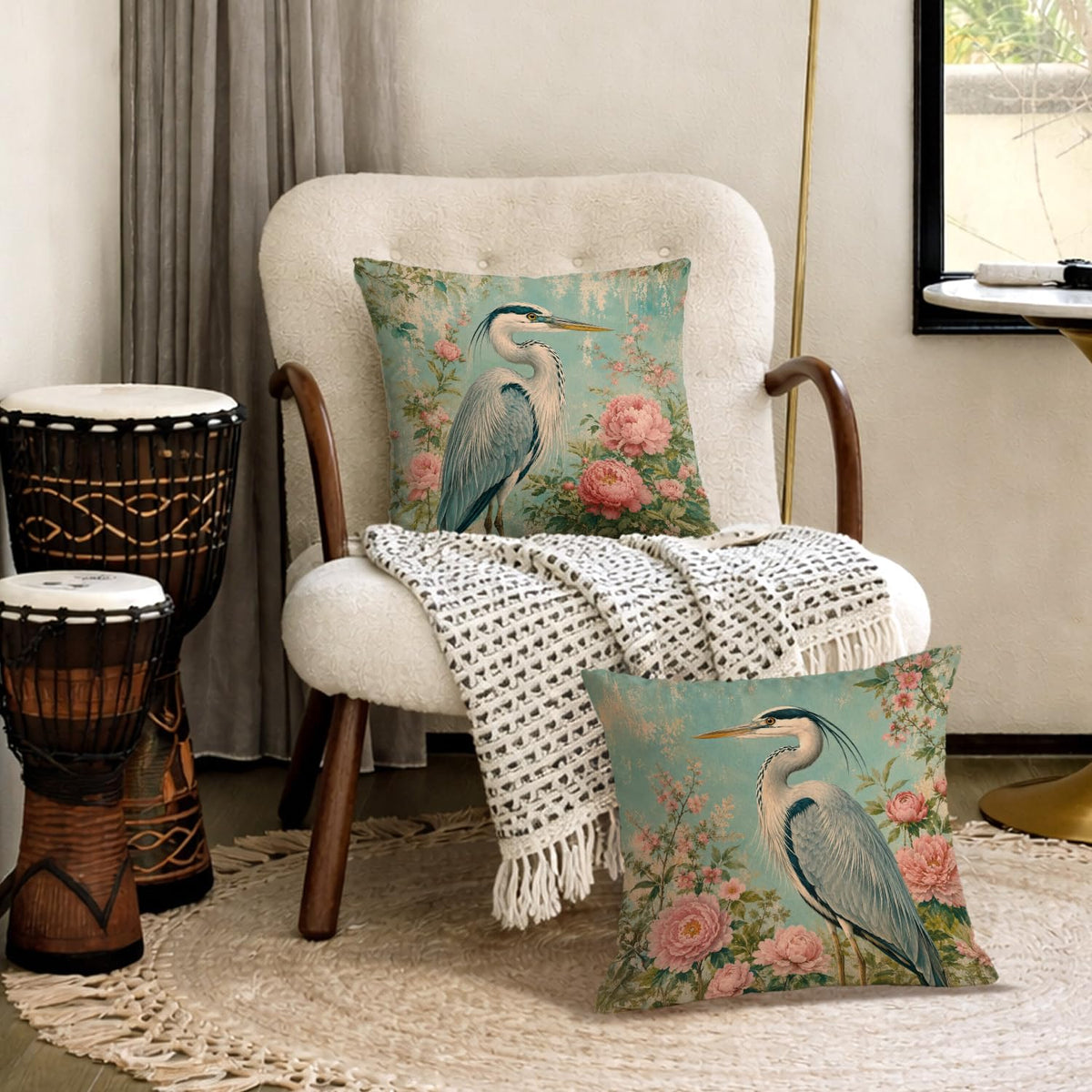 Vintage Pink Peony Floral Heron Bird Pillow Cover 18x18 Set of 2 (White-blue Heron Bird Set 2)