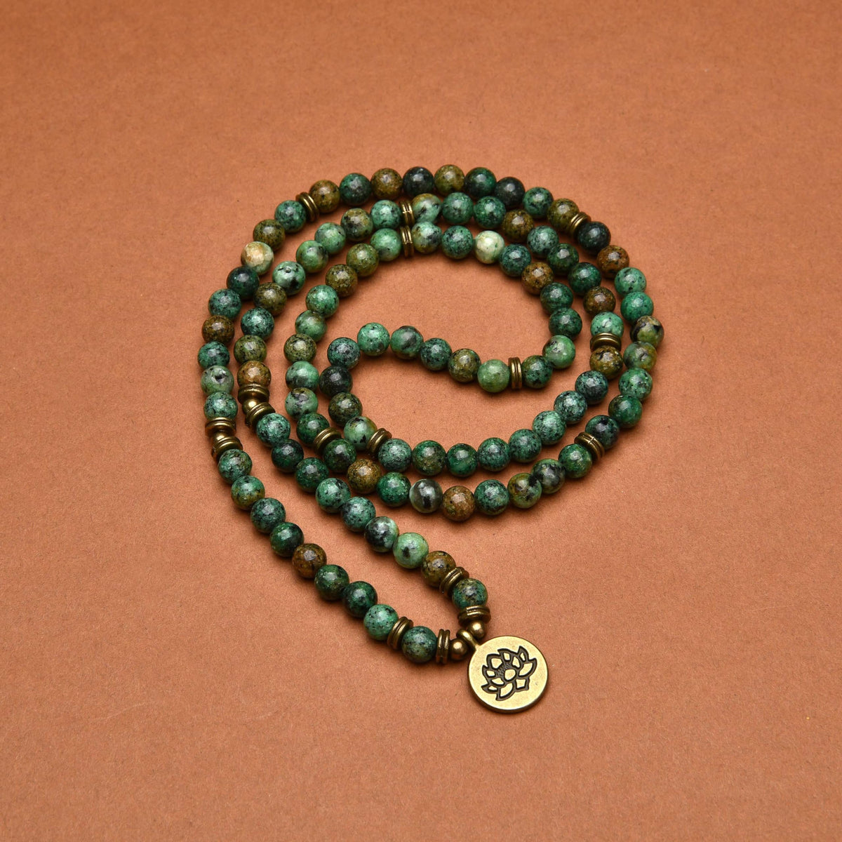 108 Healing Mala Beads Bracelet or Necklace with Gold Lotus Charm (African Turquoise)