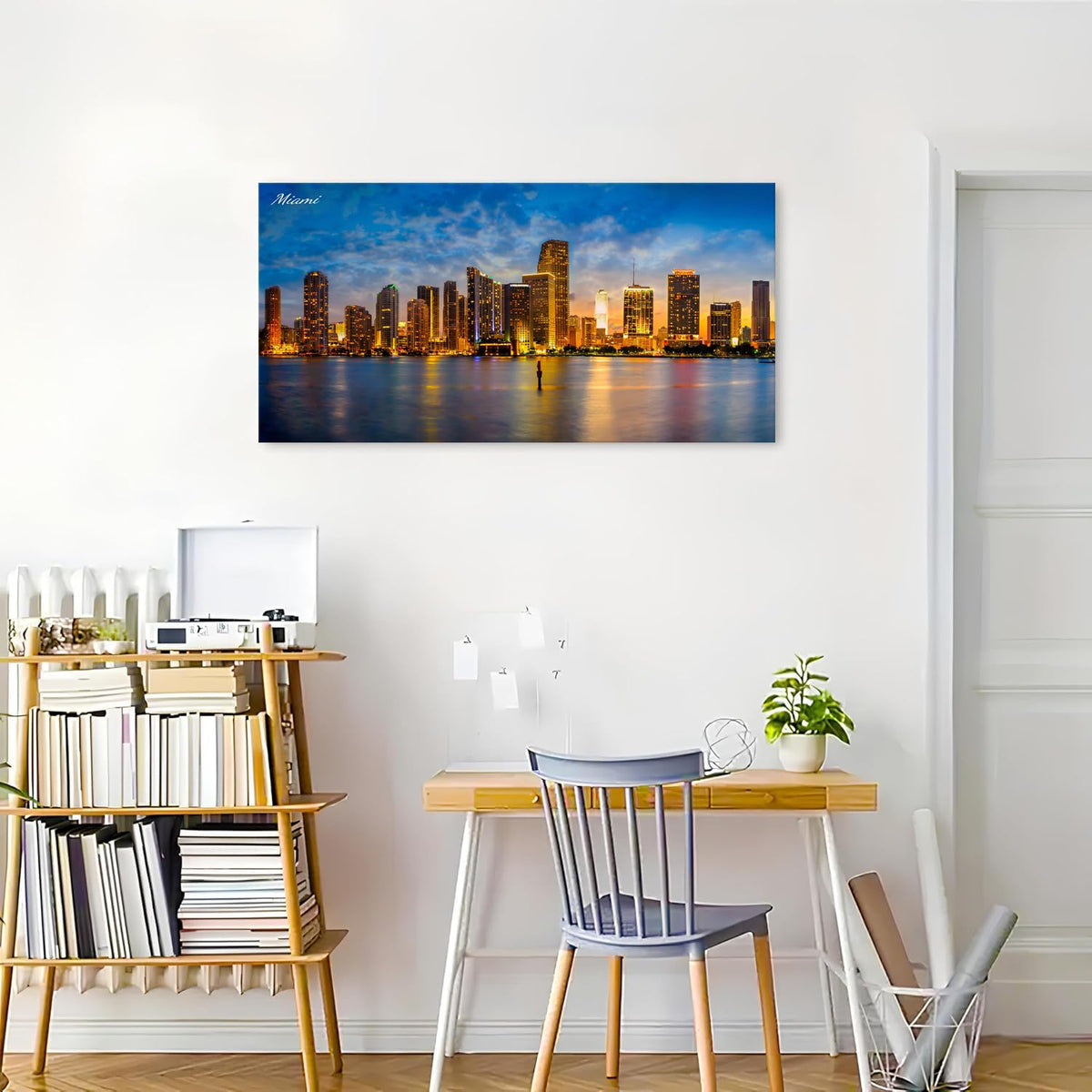Miami Wall Art City Skyline Picture Prints Modern Office Home Decor Cityscape Painting Skyscrapers Night View Canvas Picture USA Florida Landscape Canvas Poster Artwork Living Room Decorations 20x40” (40"L x 20"W / Miami)