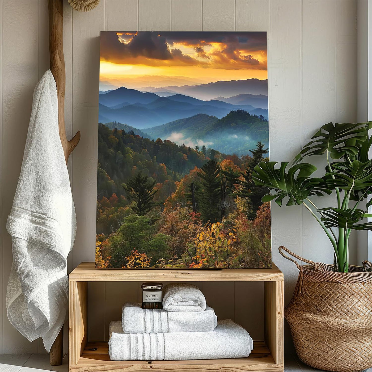 Great Smoky Mountains Wall Art National Park Picture Landscape Canvas Decor Sunset Forest Painting Vintage Mountain Landscape Artwork Framed for Living Room Bathroom Office Home Decoration 16x24” (16"L x 24"W / ZRSJ05)
