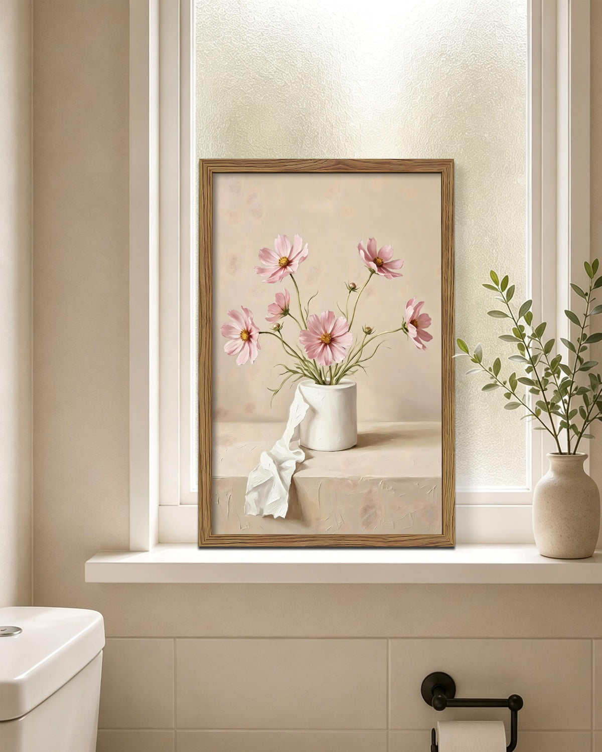 Pink Cosmos Flower Bathroom Framed Canvas Wall Art (A-Pink Flowers / 24"L x 16"W)