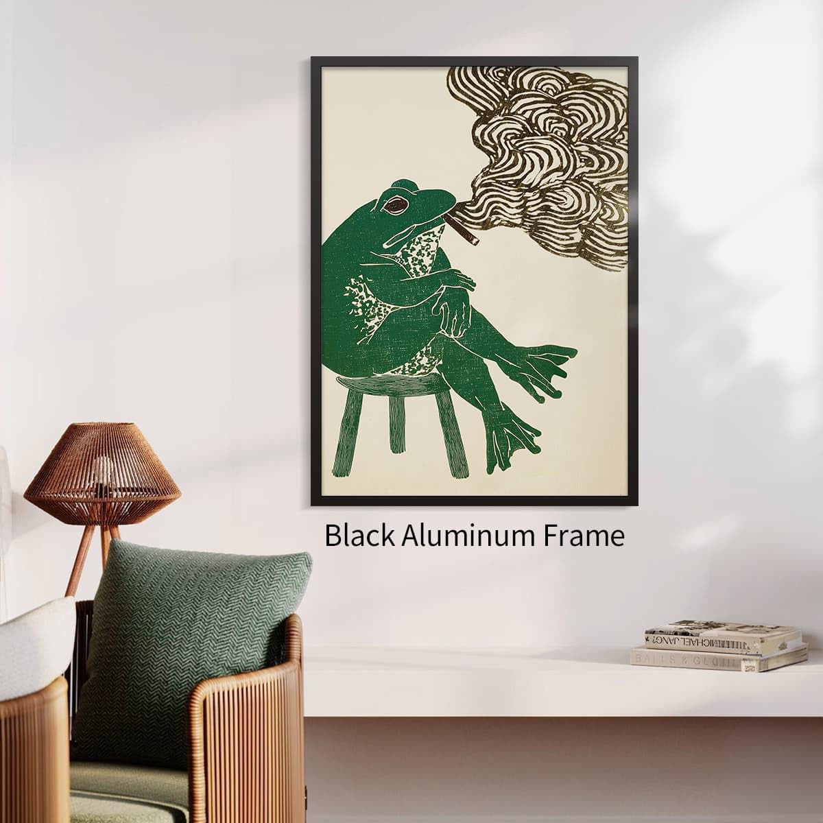 Black Framed Japanese Wall Art Funny Frog Smoking a Cigarette Poster Retro Oriental Asia Animals Print Ukiyo (Black Framed / Japanese Art 005 / 16"L x 12"W)