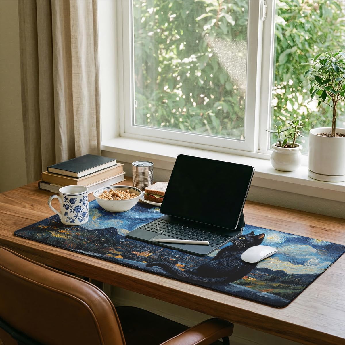Black Cat Large Gaming Mouse Pad Moon Celestial Starry Night Art Desk Mat (Black Cat / 35.4L x 15.7W inches)