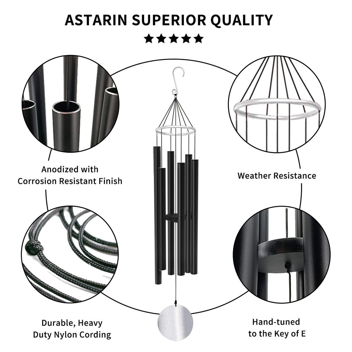 Wind Chimes Outdoor Large Deep Tone (36“ Black)