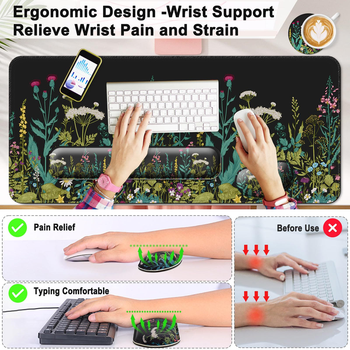 4 in 1 Mouse Pad and Keyboard Wrist Rest (D7- Little Flowers)