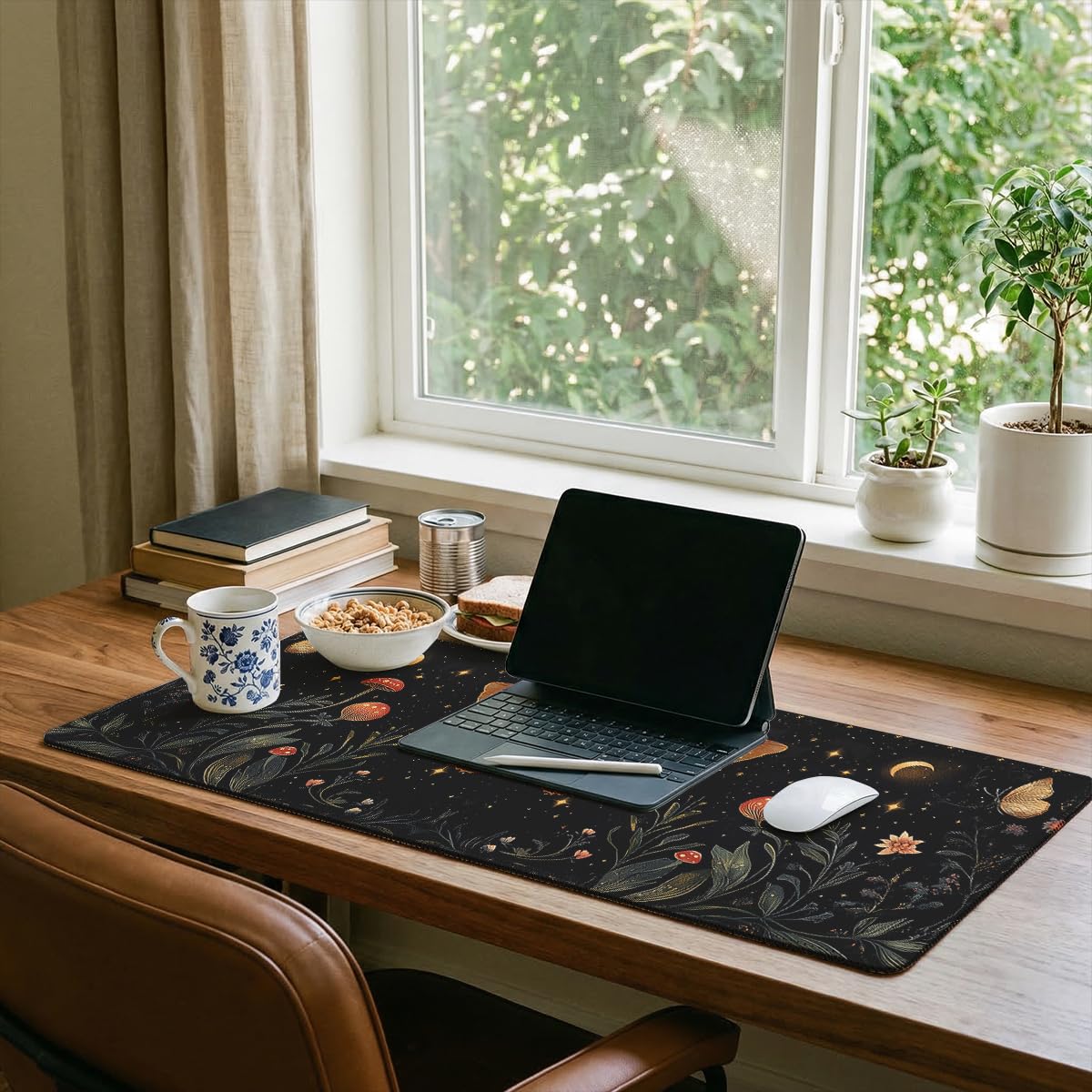 Celestial Moth Large Gaming Mouse Pad Vintage Mushroom Floral Moon Desk Mat (Celestial Moth / 35.4L x 15.7W inches)