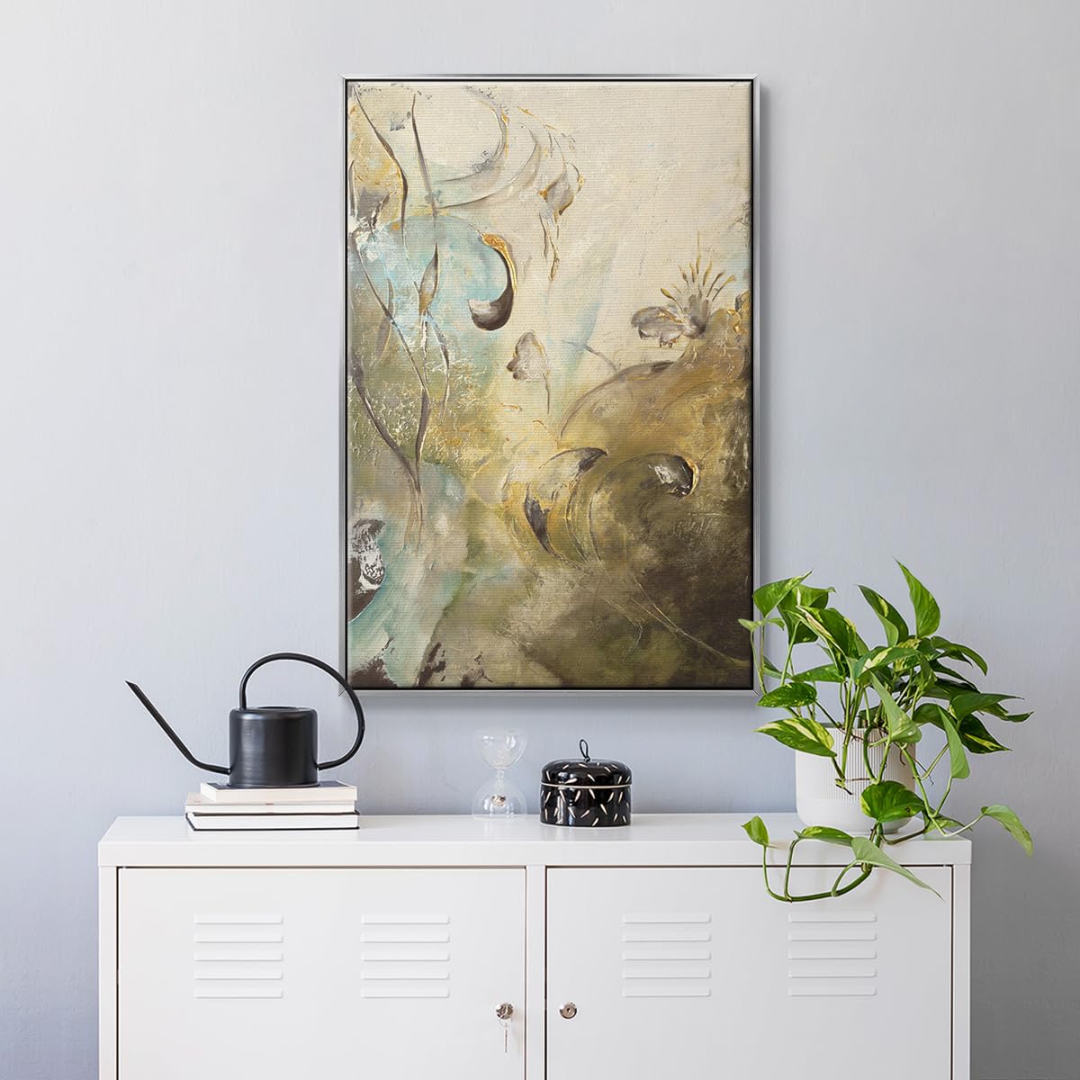 Nature Wall Art Silver Floating Frame Paintings Modern Enchanted Garden Foliage Abstract Hanging Artwork Home Prints for Bedroom Office Kitchen (41"L x 27"W / Enchanted Garden II)