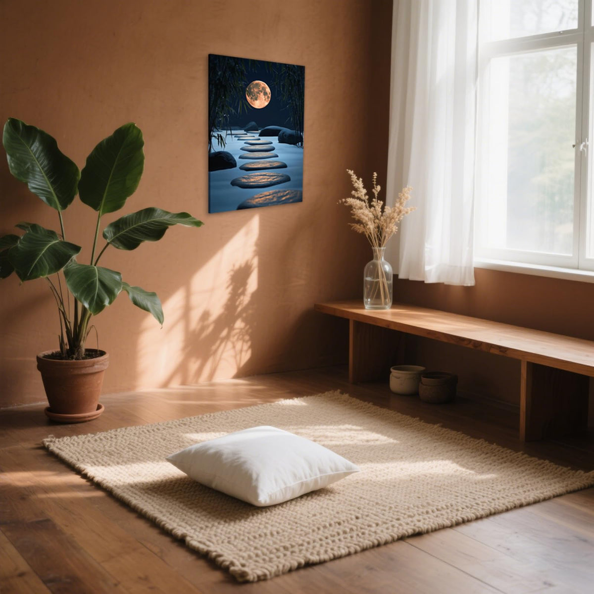 Zen Garden Moon Wall Art Canvas Stepping Stones Night Scene Print Framed Artwork Poster for Yoga Meditation Room Decor (WE000051-3 / 18"L x 12"W)