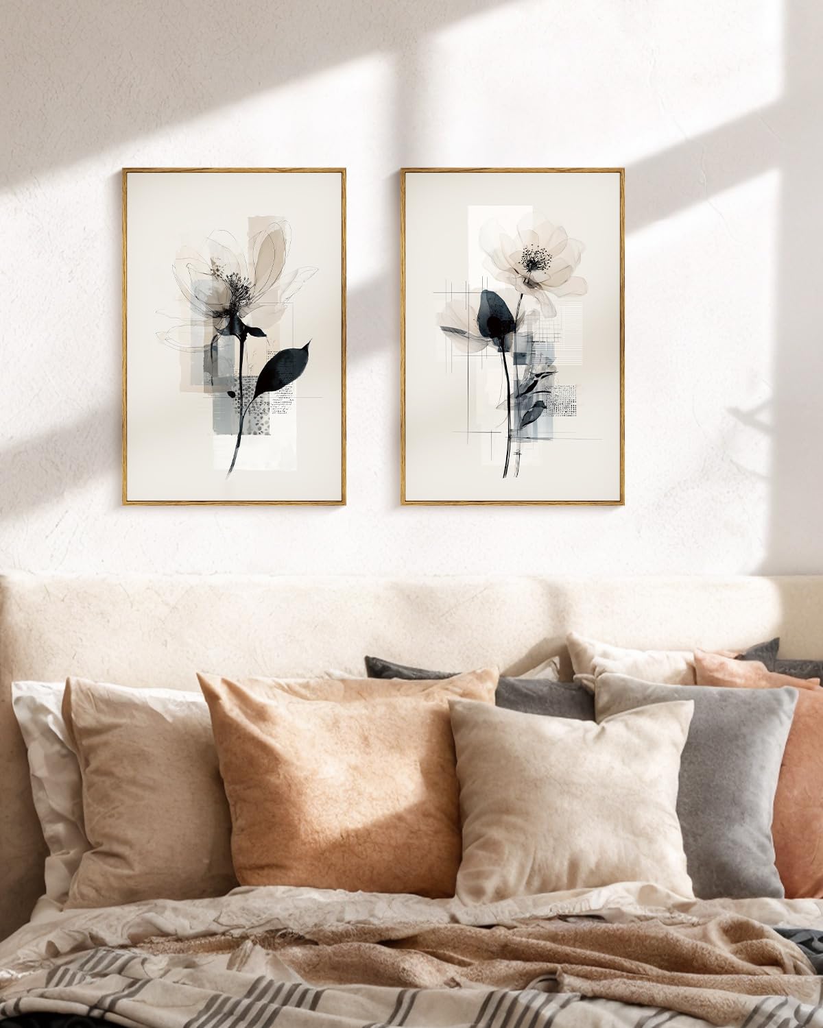 Large Modern Abstract Flower Wall Art Framed Canvas Set of 2 (Handwriting / 16"x24"x2)