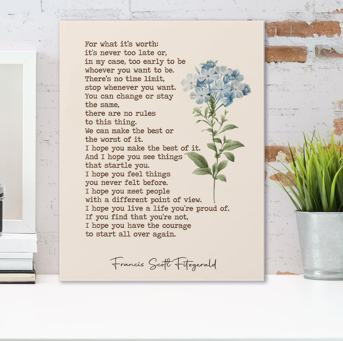Inspirational Book Quote Wall Art Decor 11x14 Inches (Literary Blue Floral)