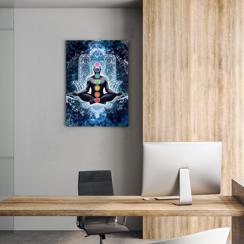 Seven Chakras on Blue Background Meditation Yoga Hd Print Canvas Wall Art Spiritual Healing Gifts for Family and Friends Bedroom Room Zen Decor Framed 24"X36" (36"L x 24"W / Frame-3)