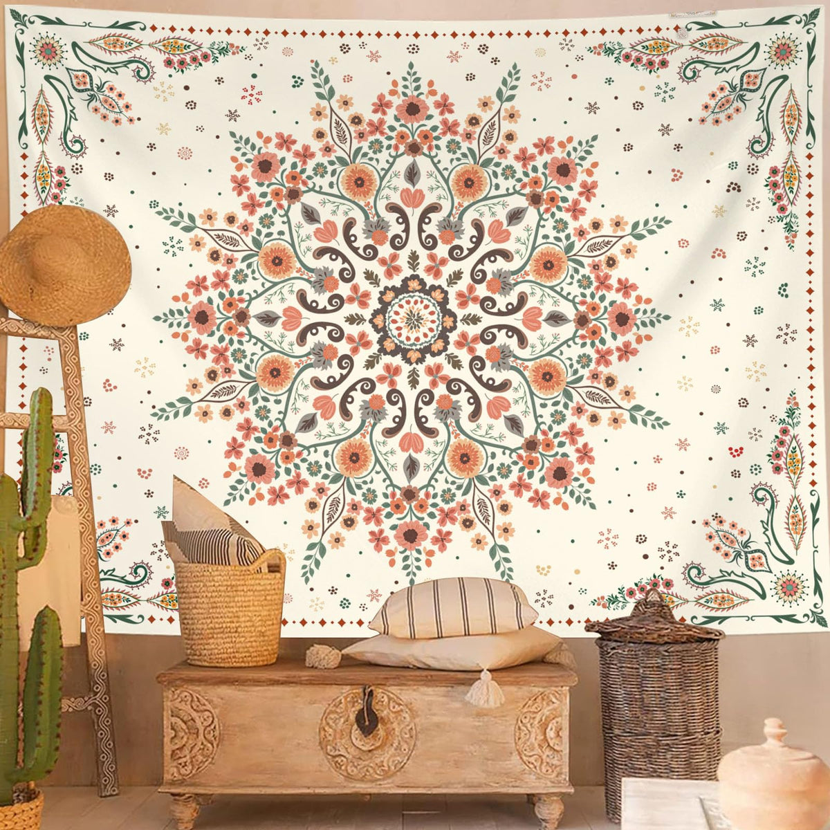 Bohemian Tapestry Wall Hanging (48"L x 36"W / WhiteWreath2)