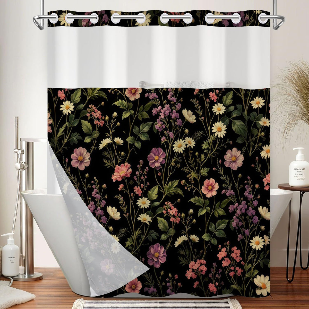 Dark Botanical & Flower Shower Curtain with Snap in Liner Set (Dark Floral-b)
