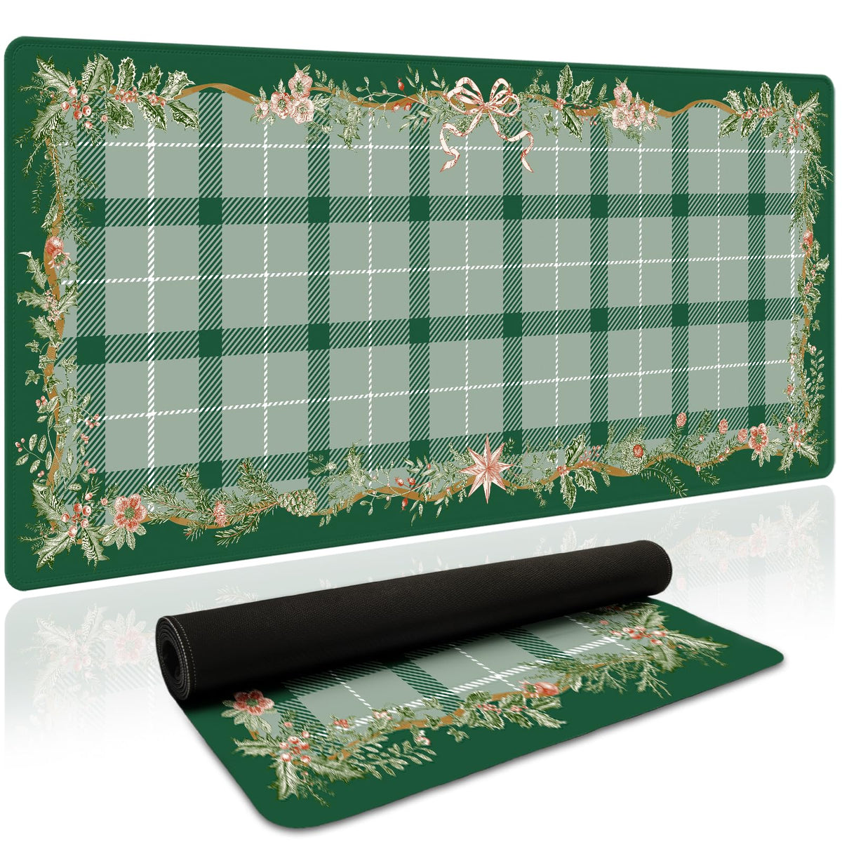 Xmas Plaid Desk Mat (Green Plaid Holly / 35.4" x 15.7")