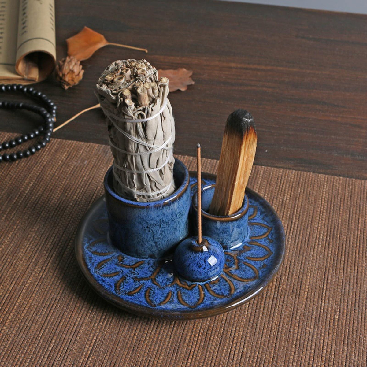 4-in-1 Ceramic Incense Burner Holder for Sticks/Palo Santo/Sage/Candle (Navy)