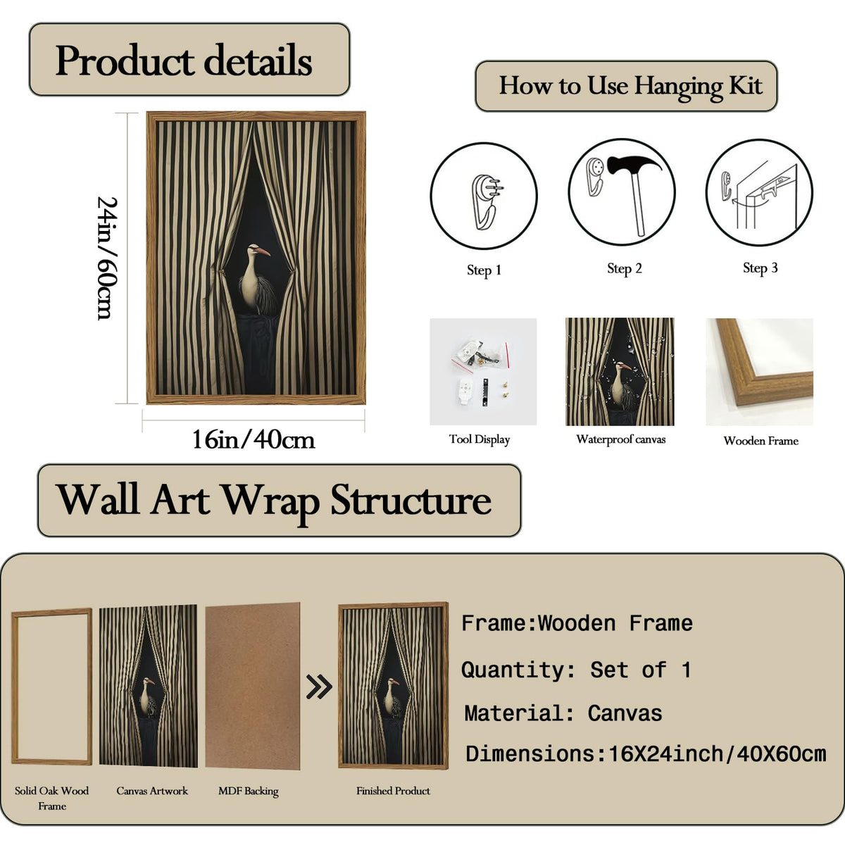 Framed Moody Crane Wall Art (Stripe / 24"L x 16"W)