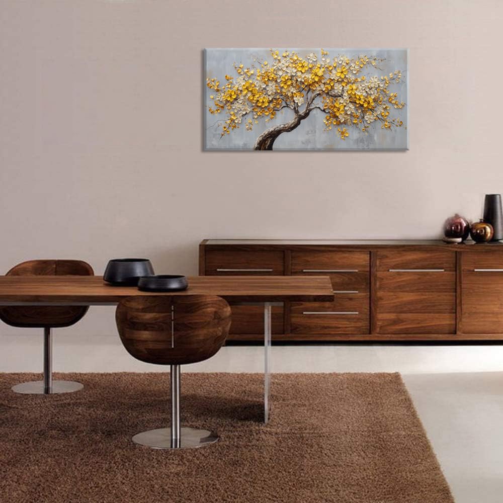 Gold Flower Tree Wall Art for Living Room Office Contemporary Gold Tree of life Painting Prints Modern Canvas Artwork Dining Bedroom Decor Large (Modern / Gold Flower Tree of Life Wall Art / 46L" x 23W")