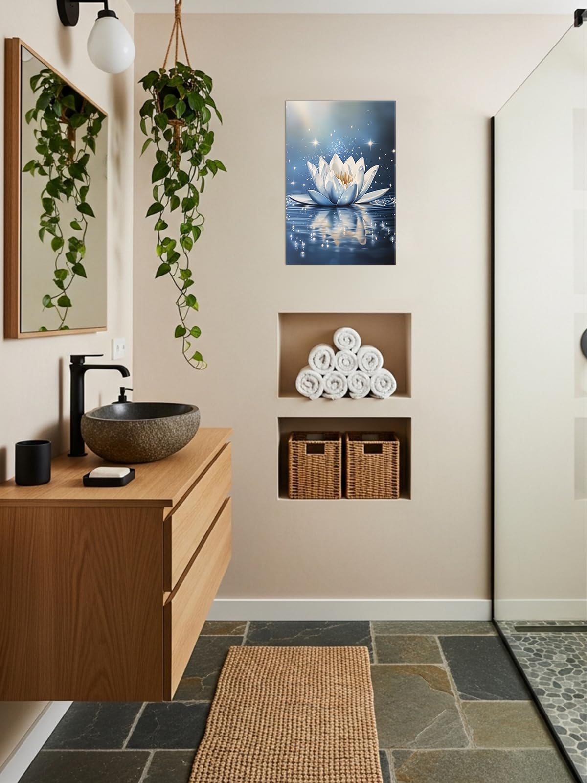 Zen Lotus Flower Wall Art Bathroom Decor Blue Picture Lotus Water Canvas Prints Calm Meditation Painting Modern Poster for Yoga Spa Room Office Home Decor Framed (C-Blue / 24"L x 16"W)