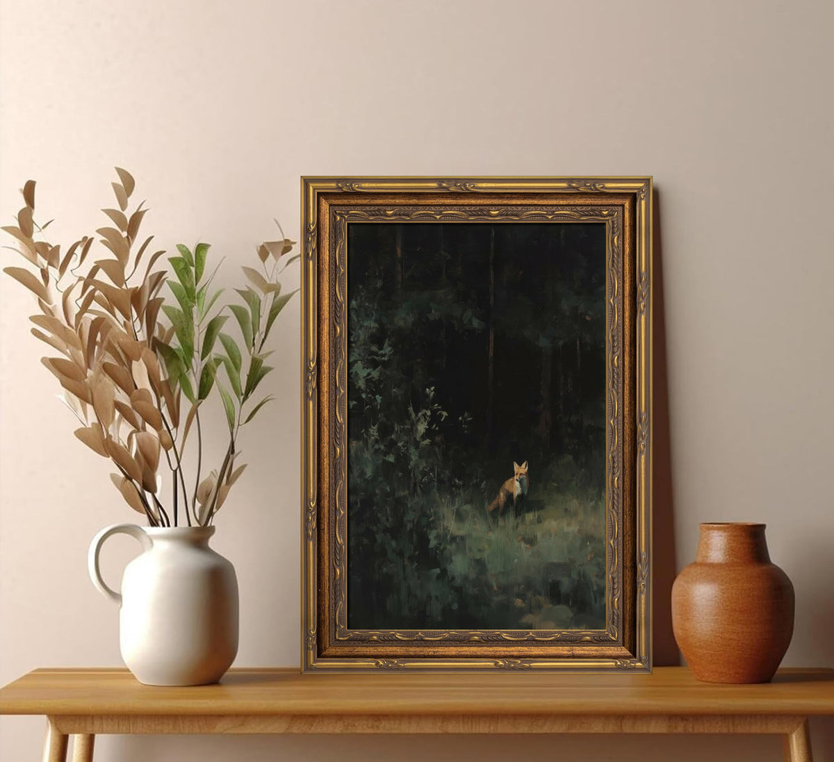 Vintage Gold Framed Wall Art Dark Academia Fox Canvas Wall Decor Forest Wildlife Picture Retro Woodland Animals Fox Print Artwork for Bedroom Living Room Rustic Cabin Farmhouse (forest Fox / 24"L x 16"W)