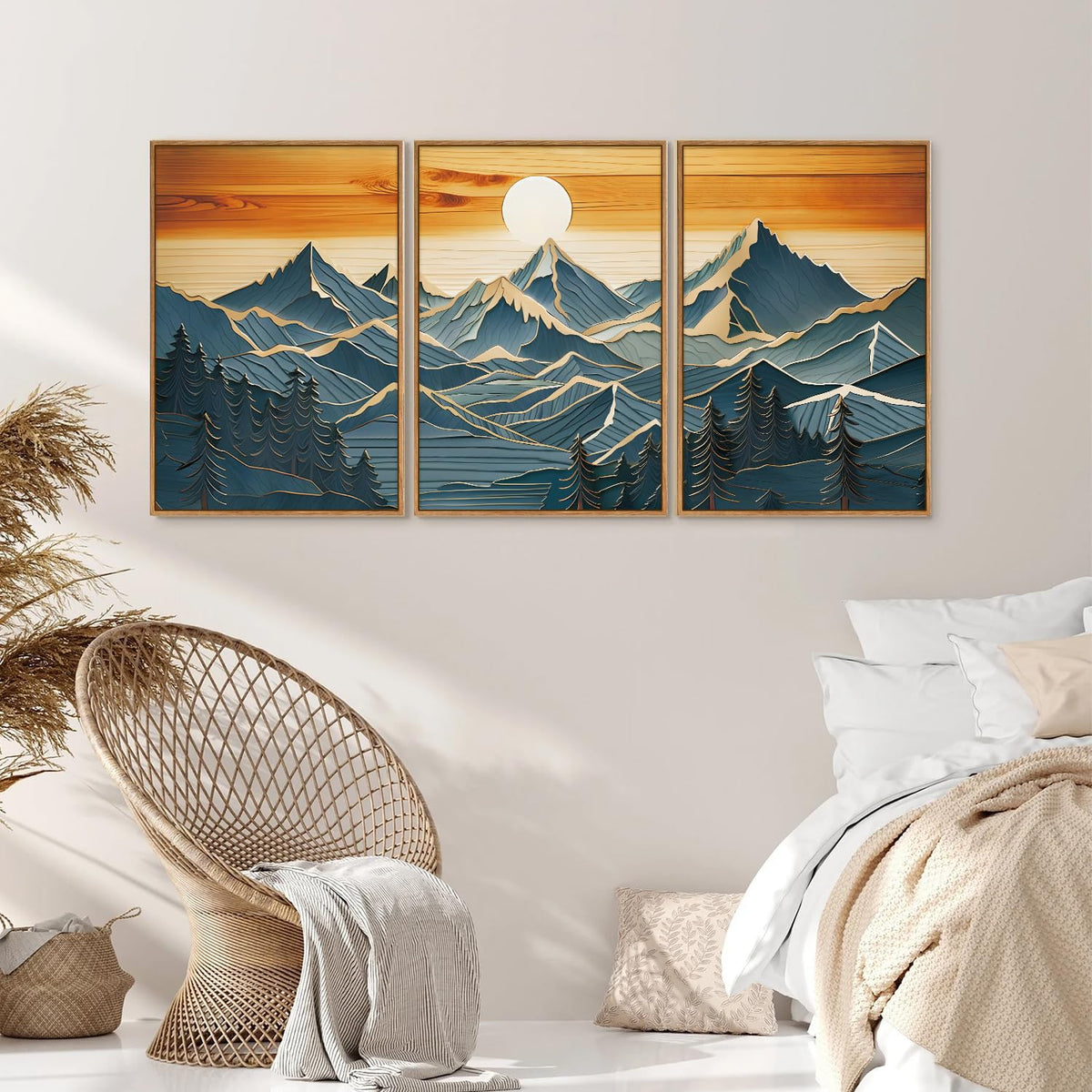 Large Mountains Framed Canvas Wall Art Set of 3 (Vintage Mountain / 36"L x 24"W)