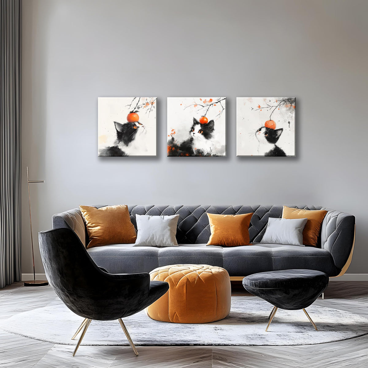 3PCS Modern Japanese Style Cat Wall Art Black White Orange Watercolor Canvas Print Asian Oriental Cat Minimalist Ready to Hang Home Decor Tuxedo Kitchen Living Room Artwork (Japanese Style Cat / 16x16 inches (3 pieces))