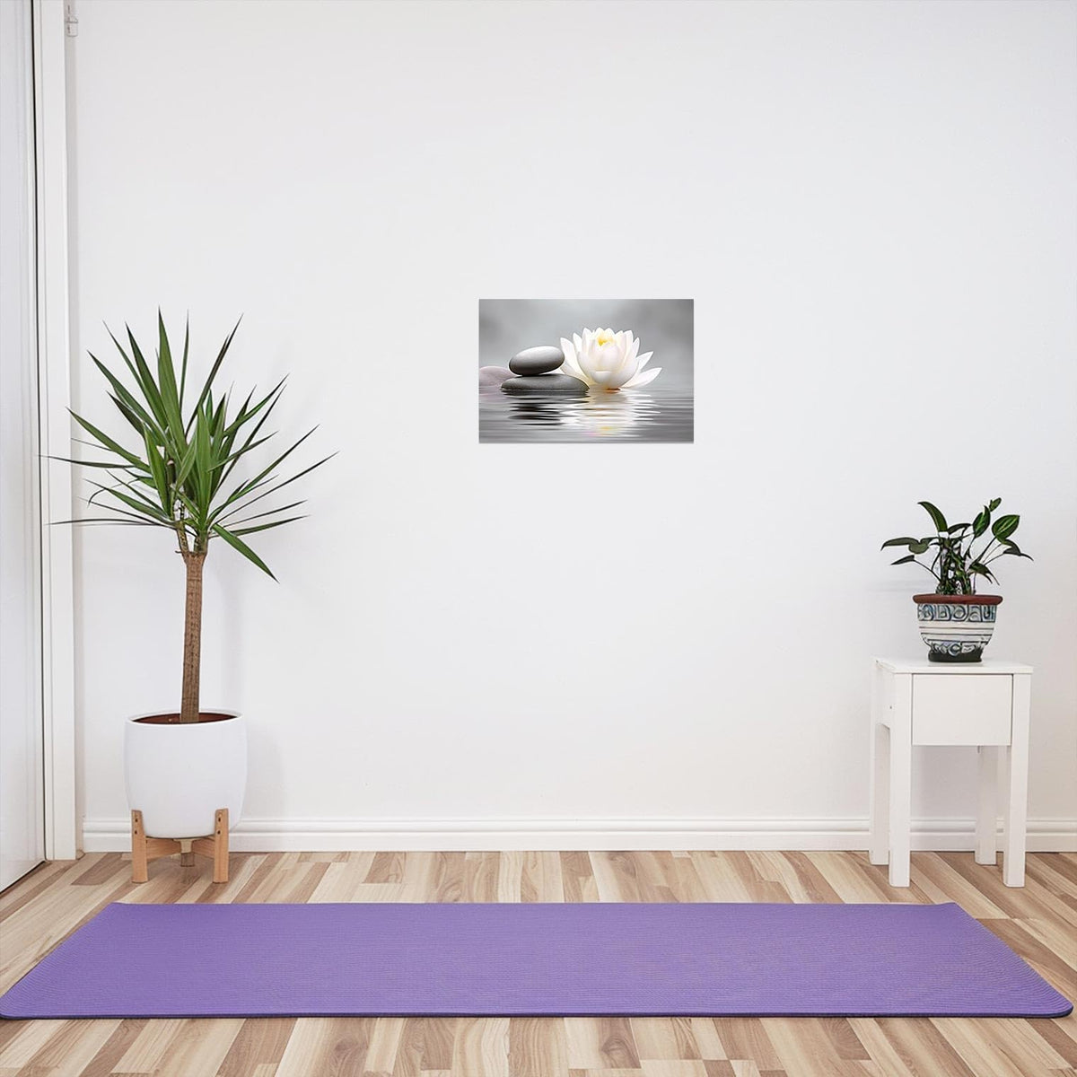Zen Bathroom Wall Art Black and White Grey Spa Painting Lotus Flower Pictures Stone Floral Canvas Prints Meditation Yoga Room Office Decor Framed (White / 12"L x 18"W)