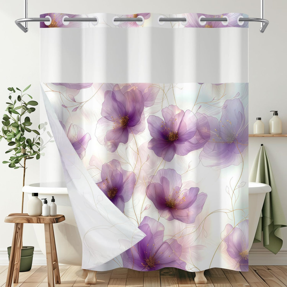 No Hook Flower Shower Curtain with Snap in Liner Set Purple Floral Shower Curtains Modern Arch Pattern Waterproof Fabric Machine Washable Bathroom Hotel Decorative 71x74 Inch (Purple2)