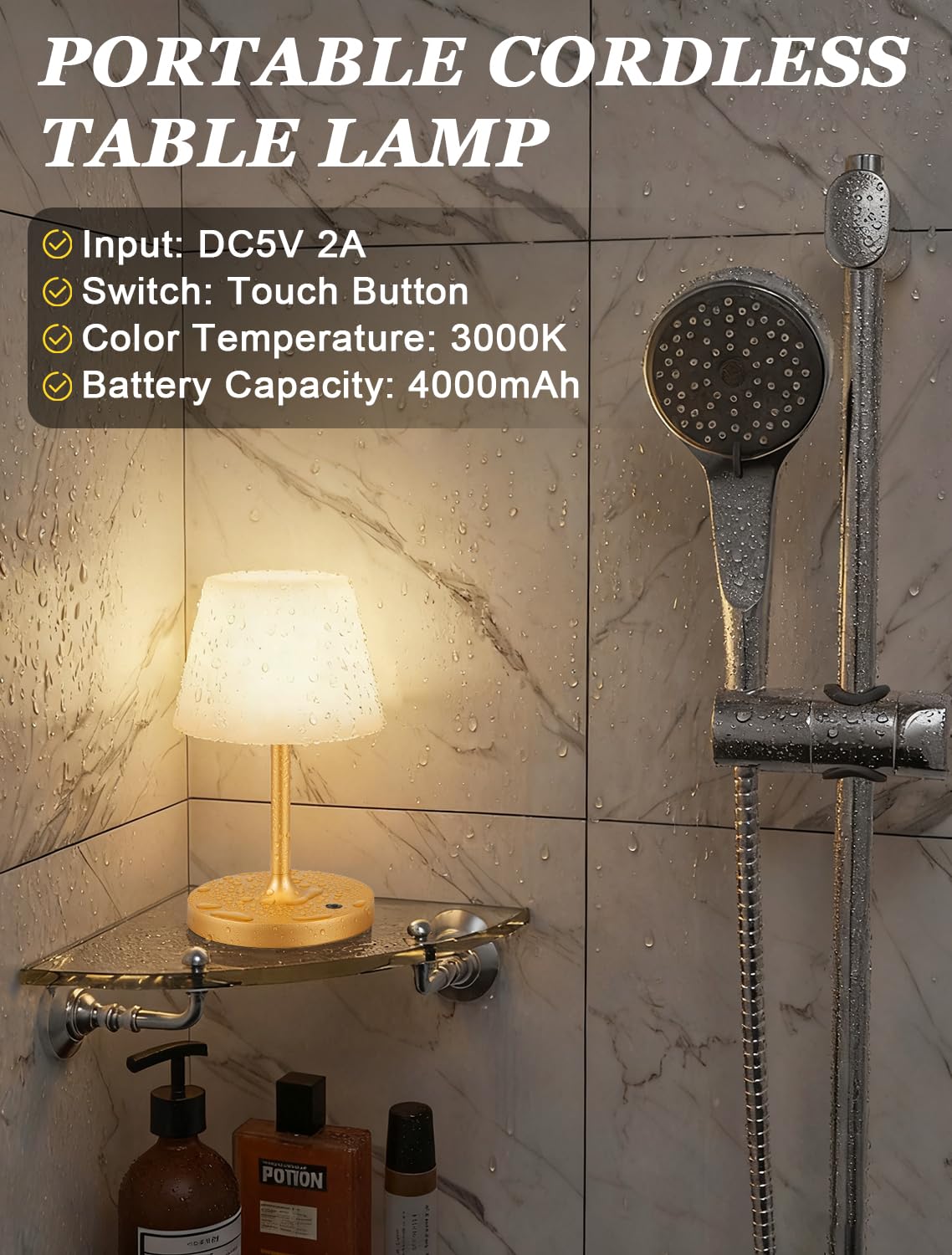 Gold Cordless Shower Lamp Waterproof (Gold / 1 Pack)