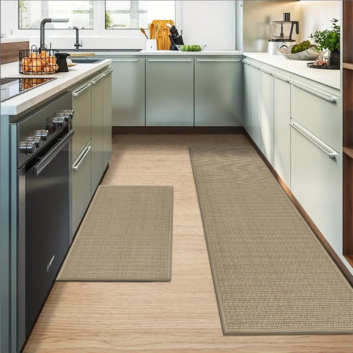 Washable Non Slip Kitchen Rugs and Mats Set of 2 (20" x 32" /20" x 48" / Linen)