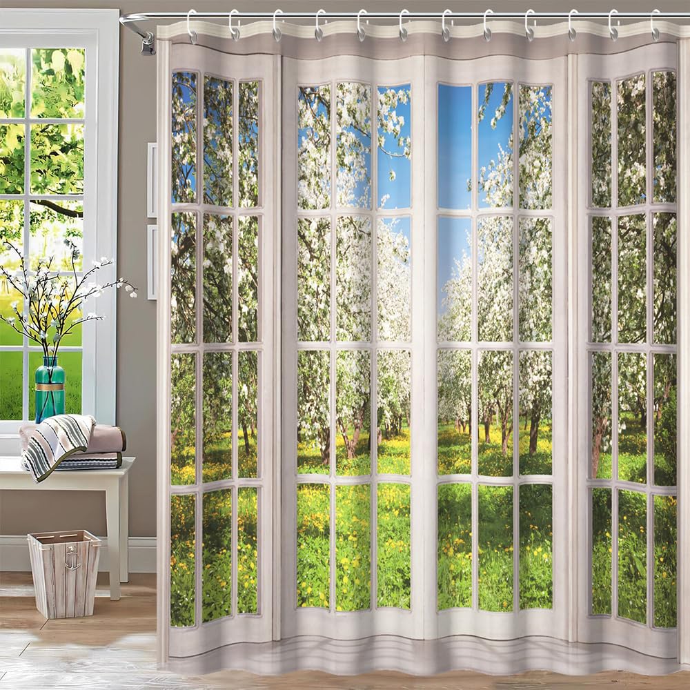 72x72inch Spring Natural Scenery Shower Curtain Sets with Hooks French Style Spring Scenery Outside Window Bath Curtain for Bathroom European White Curtain Pattern Bathtubs Stall Decor (72"W x 72"L (Pack of 1) / Green01)