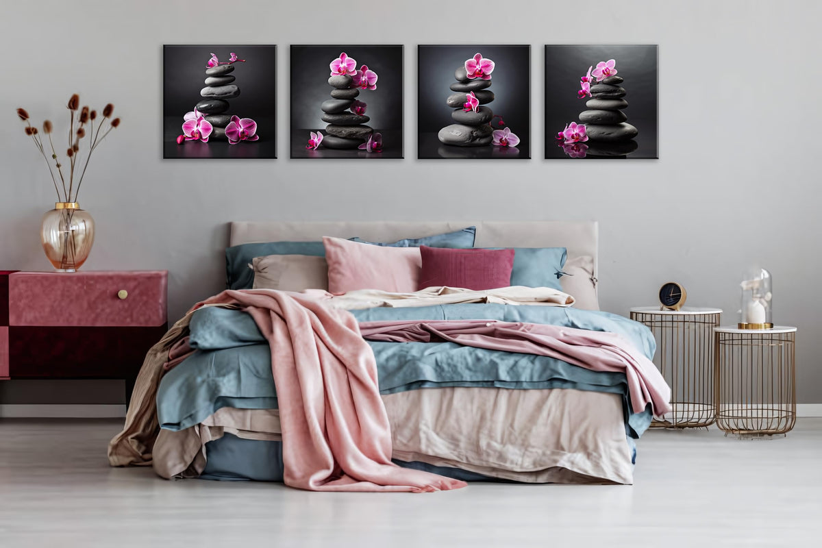Zen Wall Art Purple Orchids and Zen Stones D cor Orchid Canvas Wall Art Flowers Spa Pictures Artwork Stretched and Framed Floral Wall Art Ready to Hang for Bedrooms Living Rooms Dining Areas (16X16inchX4 / Pink Orchid & Stone)