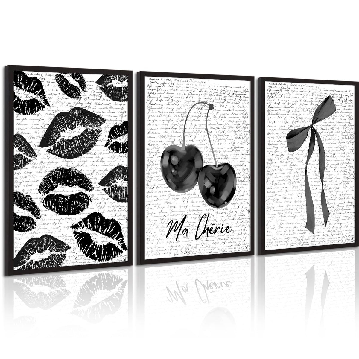 Black White Aesthetic Wall Art Coquette Bow Fashion Canvas Wall Decor Preppy Cherry Posters Vintage Girl Room Decor Bow Pictures Trendy Lips Kiss Prints for Girly Bedroom 16x24 Inch Unframed 3pcs (Black Lips Prints / 16x24 Inch Unframed)
