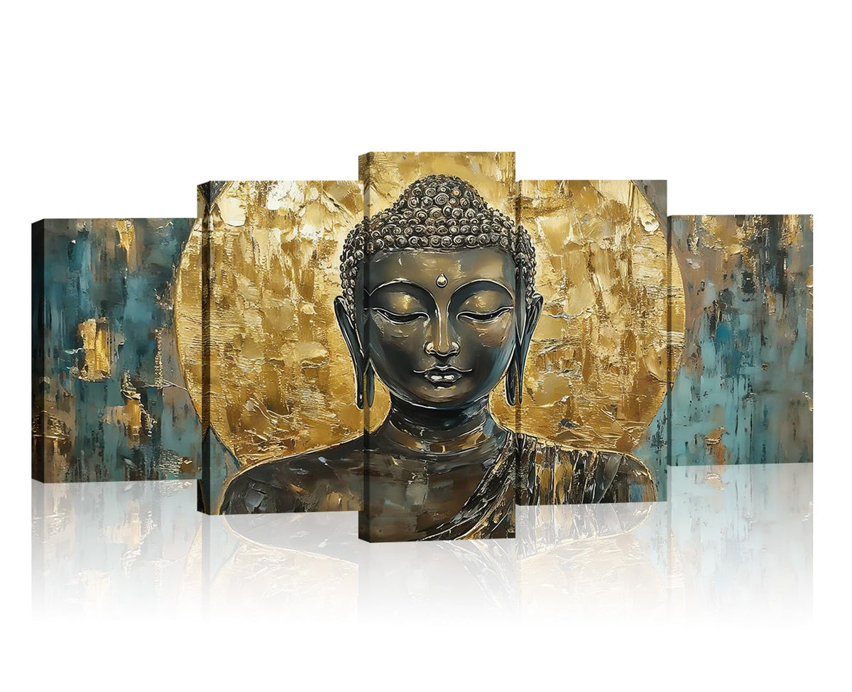 Buddha Canvas Wall Art 5 Piece Zen Wall Decor Vintage Cyan and Gold Buddha Picture Meditation Painting Buddhism Prints for Yoga Spa Spiritual Room Decor Framed (60x32 inch / Picture-7)