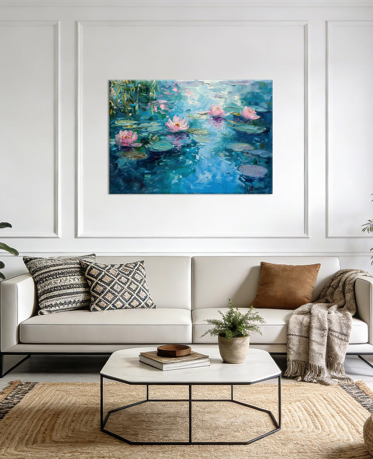 Lotus Wall Art Water Lilies Picture Canvas Prints Flowers Landscape Painting Vintage Floral Artwork for Living Room Bathroom Home Decor Framed (18"L x 12"W / Blue)