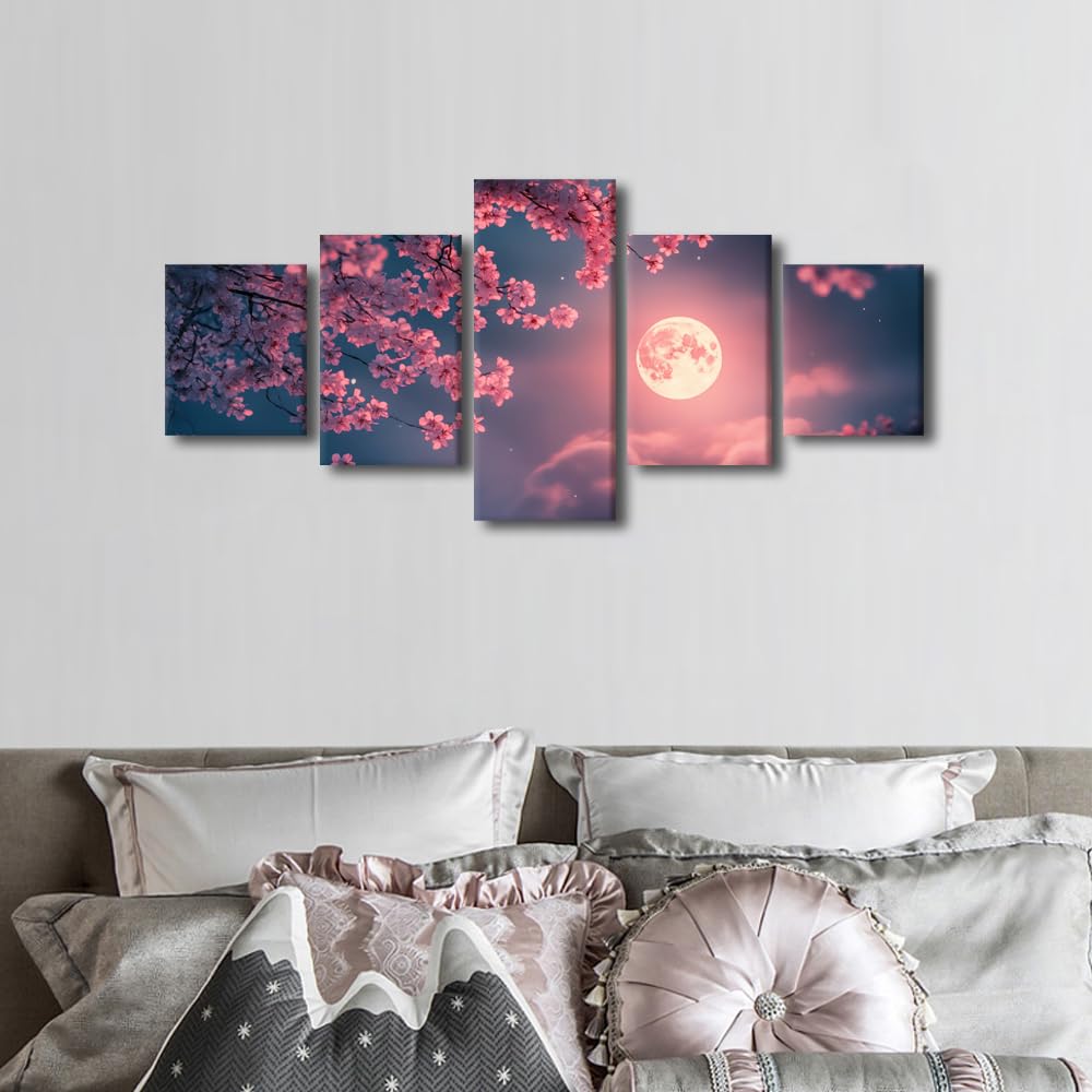 Canvas Wall Art Lunar Embrace Through Sakura Silhouettes Five Panel Framed Painting Nocturnal Blossom Decor Zen Moonlight Wall Art Meditation Space Decor Ready To Hang 50"Wx24"H (50''Wx24''H / Artwork-13)