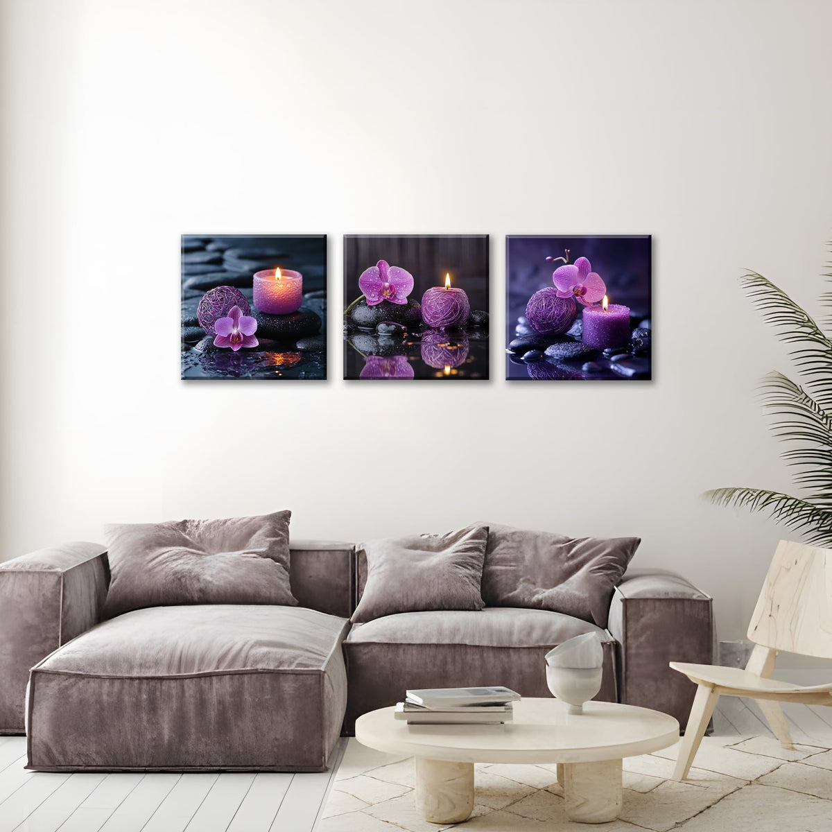 3PCS Zen Canvas Wall Art Purple Orchid Spa Decor Aromatherapy Candle Black Stone Prints Modern Meditation Room Decor Bathroom Yoga Studio Wall Pictures Relaxing Home Artwork Ready to Hang (16X16inchX3pcs / Serenity in Purple)